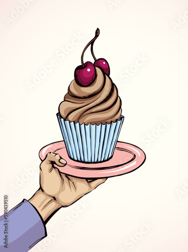 Vector drawing. The hand offers a treacherous treat