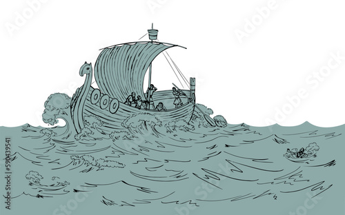 Vector drawing. Sailors on a ship in a storm