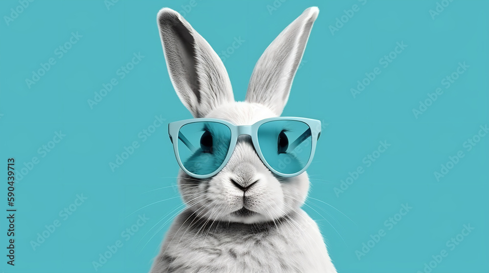 Abstract clip-art of White Rabbit wearing trendy sunglasses. Contemporary pastel blue background. Copy space. Easter minimalism. For Easter scrapbooking posters planners, web, landing page