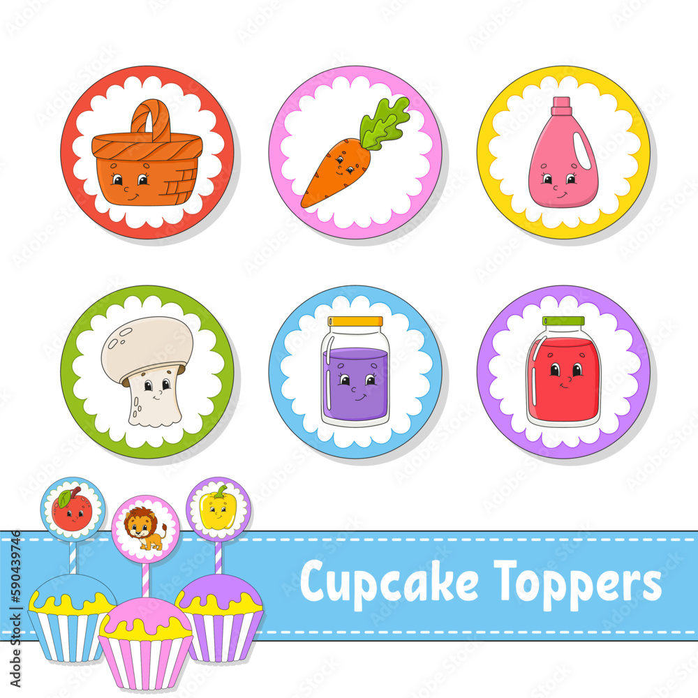 Fototapeta premium Cupcake Toppers. Set of six round pictures. cartoon characters. Cute image. For birthday, baby shower. Isolated on white background. Vector illustration.