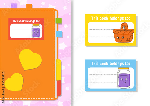 Book label stickers for kids. The rectangular shape. Cartoon character. For the diary, notebook, book. Isolated on white background. Vector illustration.