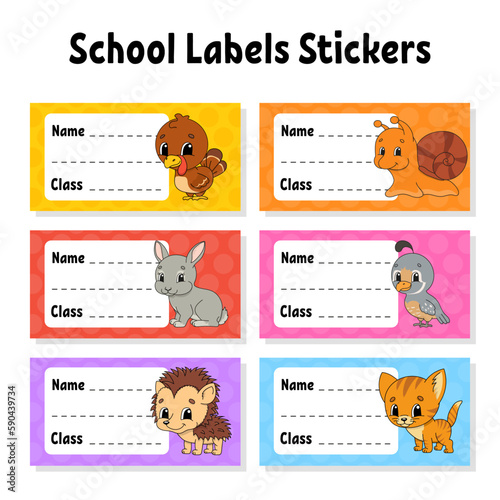 Bright stickers. Name and class. Back to school labels. Set stickers for notebook. Rectangular label. Color vector isolated illustration.