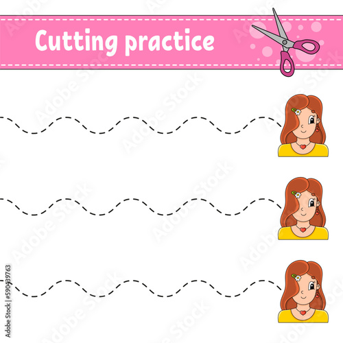 Cutting practice for kids. Education developing worksheet. Activity page. Color game for children. Vector illustration.