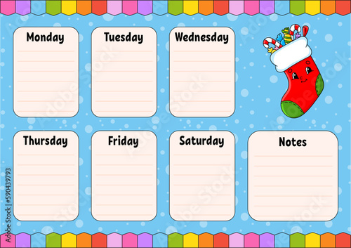 School schedule. Timetable for schoolboys. Empty template. Weekly planer with notes. cartoon character. Vector illustration.