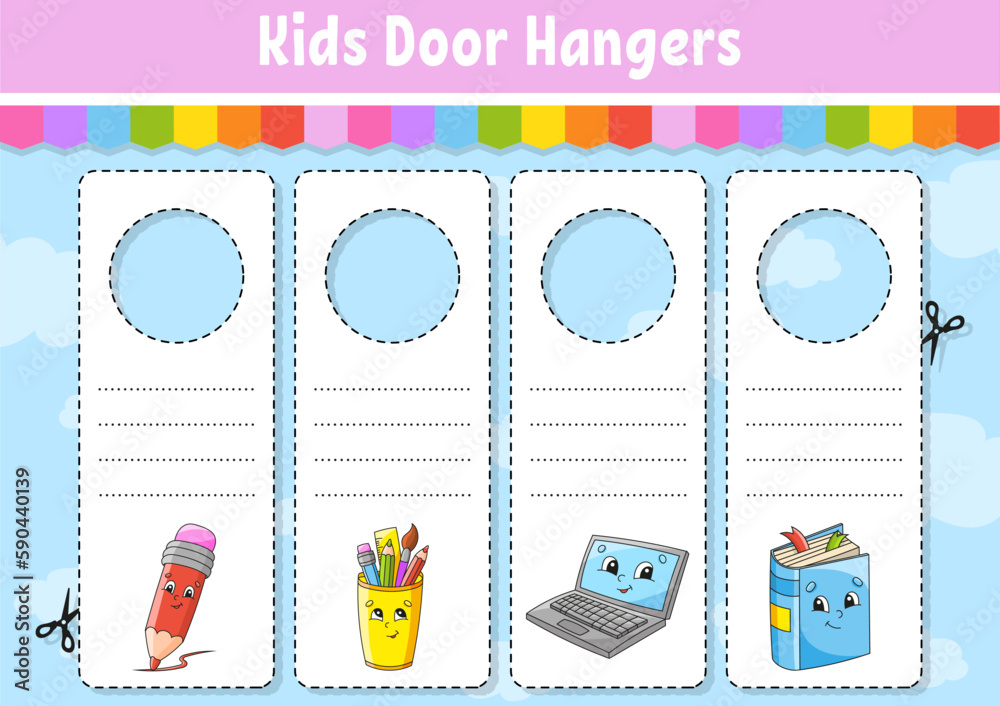 Door hangers. Cute cartoon characters. Sign printable. Kids style. On ...