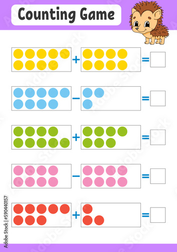 Addition and subtraction. Task for kids. Education developing worksheet. Activity color page. Game for children. Funny character. cartoon style. Vector illustration.