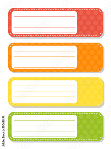 Set stickers for design. Empty template. Name tags, gift labels. Perfect for folders, daily journals, notebooks, lunch bags, pencil boxes. Rectangular label. Color vector isolated illustration.