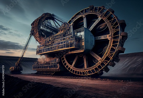 bucketwheel excavator mining in a open pit coal mine industry development. Generative AI photo