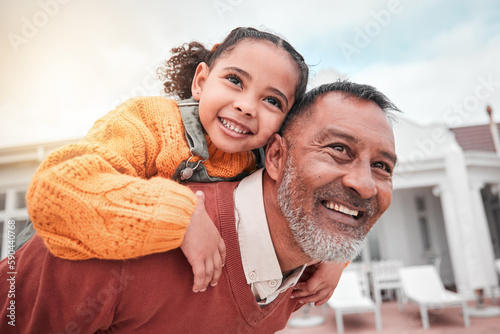 Bild auf Leinwand Smile, piggy back and grandfather with child in yard of house, happiness and security at family home