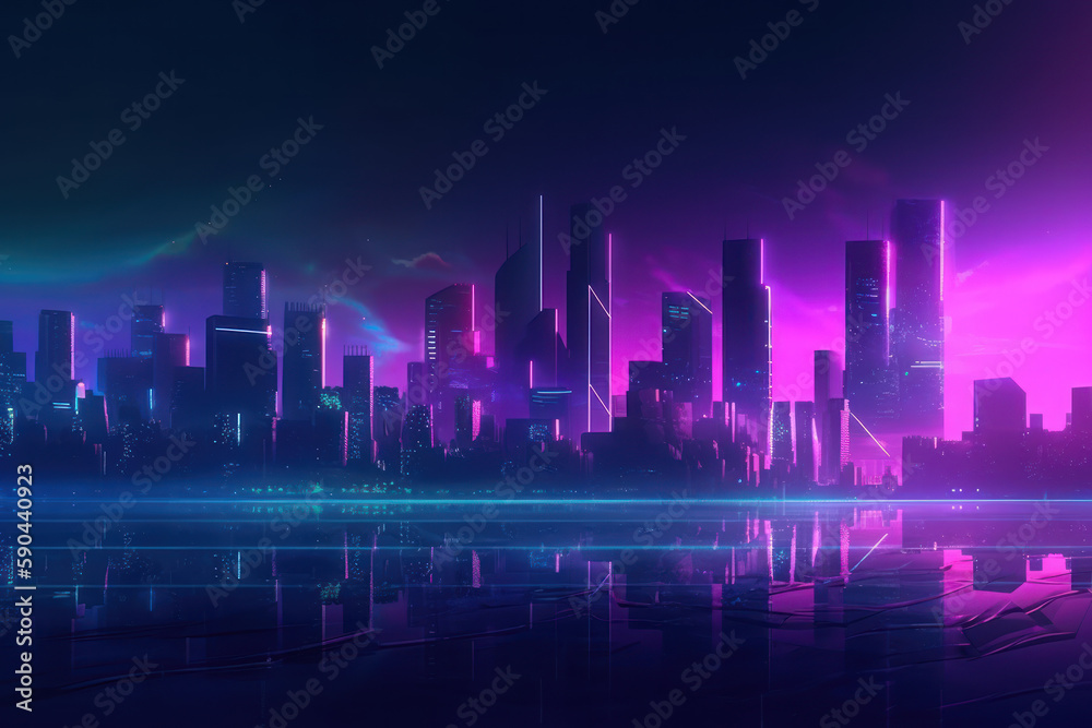 Modern City Skyline in Blue and Purple Hues