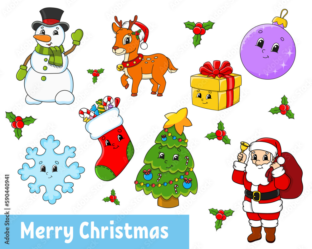 Set of stickers with cute cartoon characters. Winter clipart. Hand drawn. Colorful pack. Vector illustration. Patch badges collection for kids. For daily planner, organizer, diary.