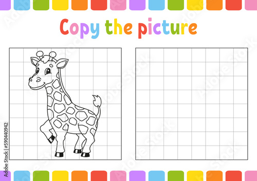 Copy the picture. Giraffe animal. Coloring book pages for kids. Education developing worksheet. Game for children. Handwriting practice. Funny character. Cute coon vector illustration.