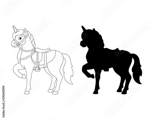 Magic unicorn. Fairy horse. Black silhouette. Design element. Vector illustration isolated on white background. Template for books  stickers  posters  cards  clothes.