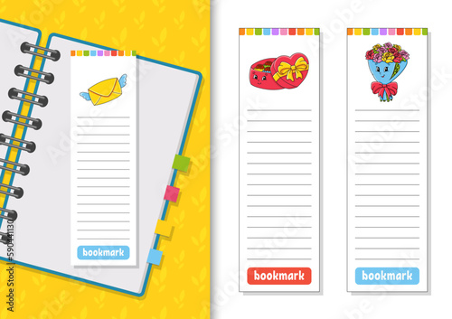 Set of paper bookmarks for books with cute cartoon characters. For kids. Isolated on white background. Vector illustration.