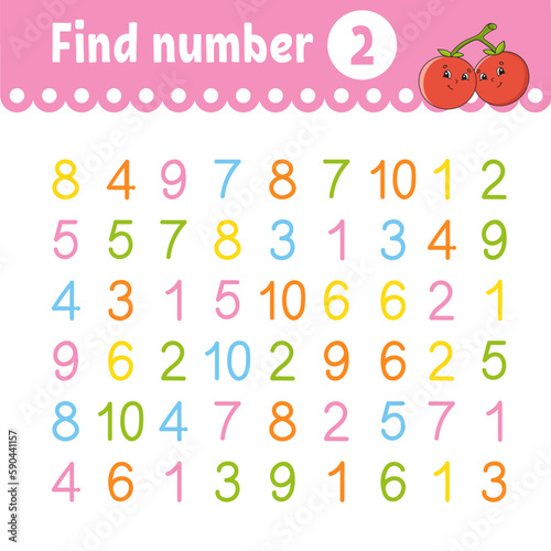 Find number. Education developing worksheet. Activity page with pictures. Game for children. Funny character. cartoon style. Vector illustration.