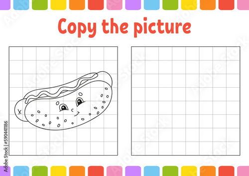 Copy the picture. Coloring book pages for kids. Education developing worksheet. Game for children. Handwriting practice. Funny character. Cute cartoon vector illustration.
