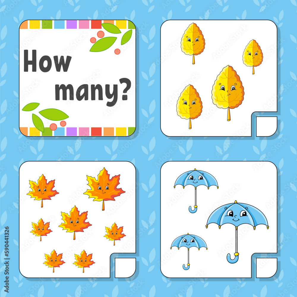 Fototapeta premium Counting game for children. Happy characters. Learning mathematics. How many object in the picture. Education worksheet. With space for answers. Vector illustration.