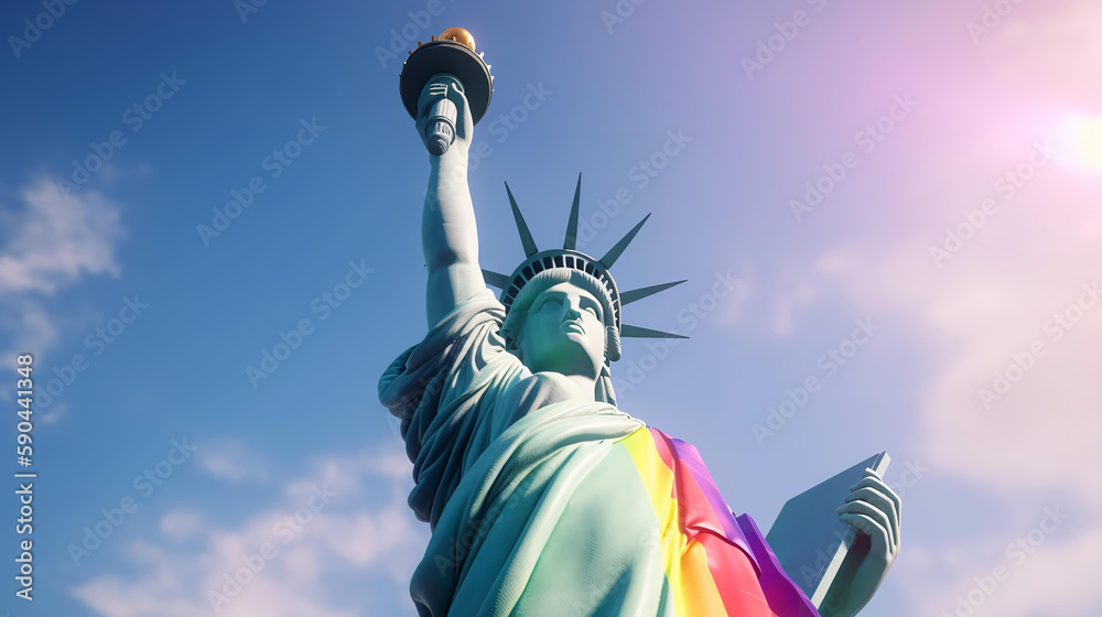 Fototapeta premium 青空の中ではためくLGBTQのレインボーの旗と自由の女神・アメリカ（Generative AI） 
