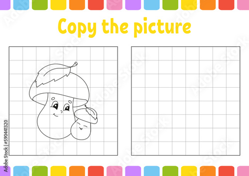 Copy the picture. Coloring book pages for kids. Education developing worksheet. Game for children. Handwriting practice. Funny character. Vector illustration.