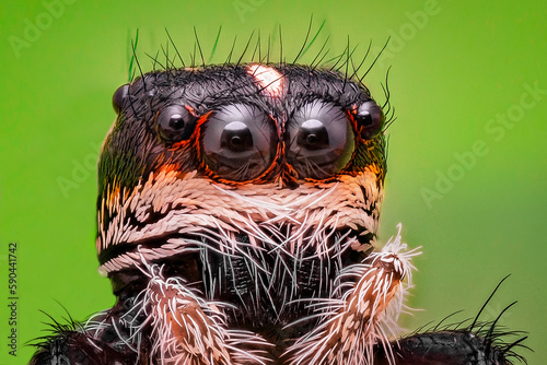 Detail of the head of a jumping spider. Salticidae very close up.