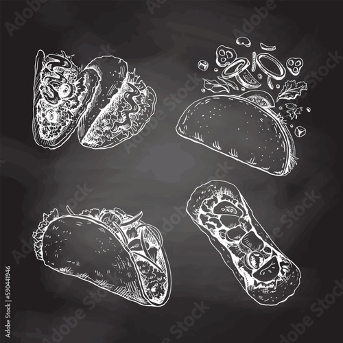 Tacos set. Hand-drawn sketch illustrations of traditional mexican food isolated on chalkboard background. Top, front, perspective view and taco with flying ingredients. Vintage. 