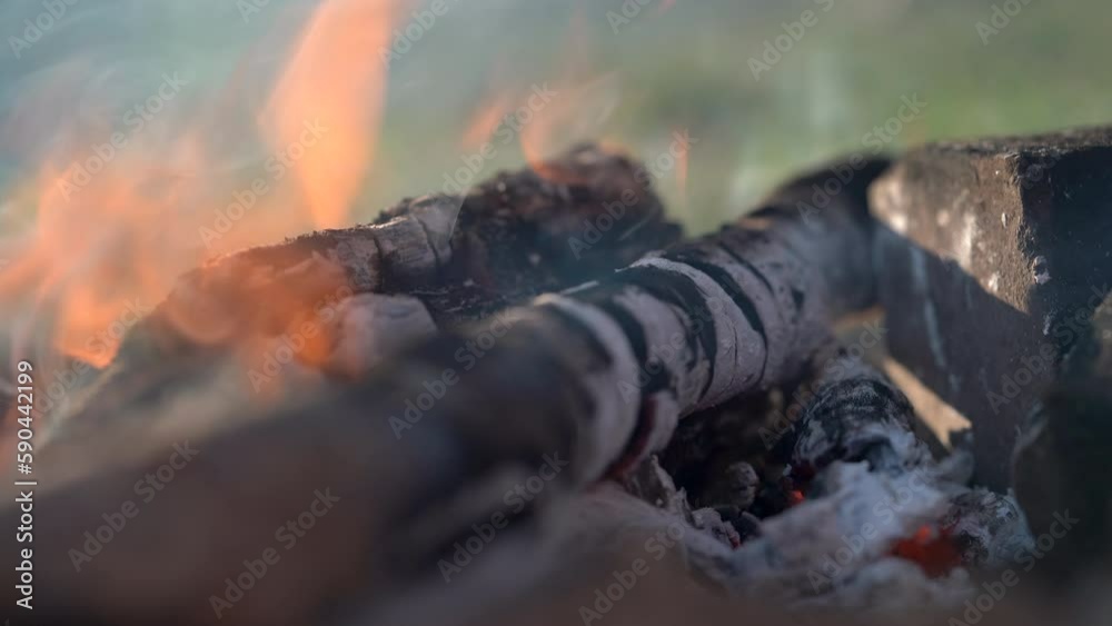 Closeup of charred burning dry twigs of campfire. Sparkling firewood turns into coals. Light fire while relaxing in nature. Hiking with backpack. Safe to light matches for cooking and warmth in forest Closeup of charred burning dry twigs of campfire. Sparkling firewood turns into coals. Light fire while relaxing in nature. Hiking with backpack. Safe to light matches for cooking and warmth in forest