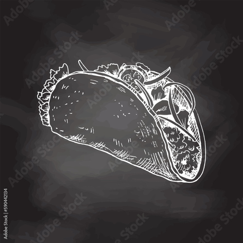 Hand-drawn sketch of taco on chalkboard background. Fast food vintage illustration. Element for the design of labels, packaging and postcards.