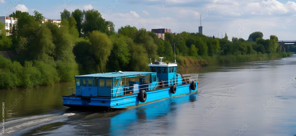 Fototapeta premium Voyage of the Blue Cargo Ship: Tranquil River Journey, Transporting Goods, Maritime Commerce, Serene Waterway, Symbol of Global Trade, Connecting the World through Shipping Industry