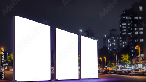 Vertical standing empty billboards or standee mockups at event place, Outdoor Event advertisment placard, Vertical blank standee in city in night