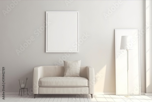Empty white vertical frame in modern minimalist interior with trendy lamp and sofa on beige wall background, design interior idea - Generative AI © Hanjin