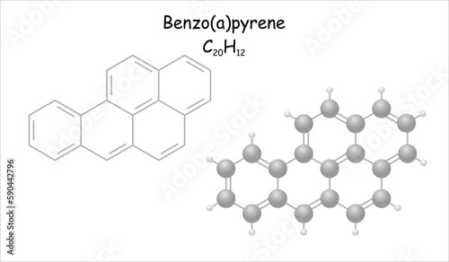 Stylized molecule model/structural formula of benzo(a)pyrene. Substance causes cancer.