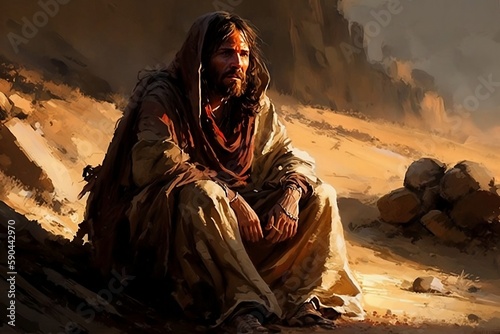 jesus sitting in a dark desert photo