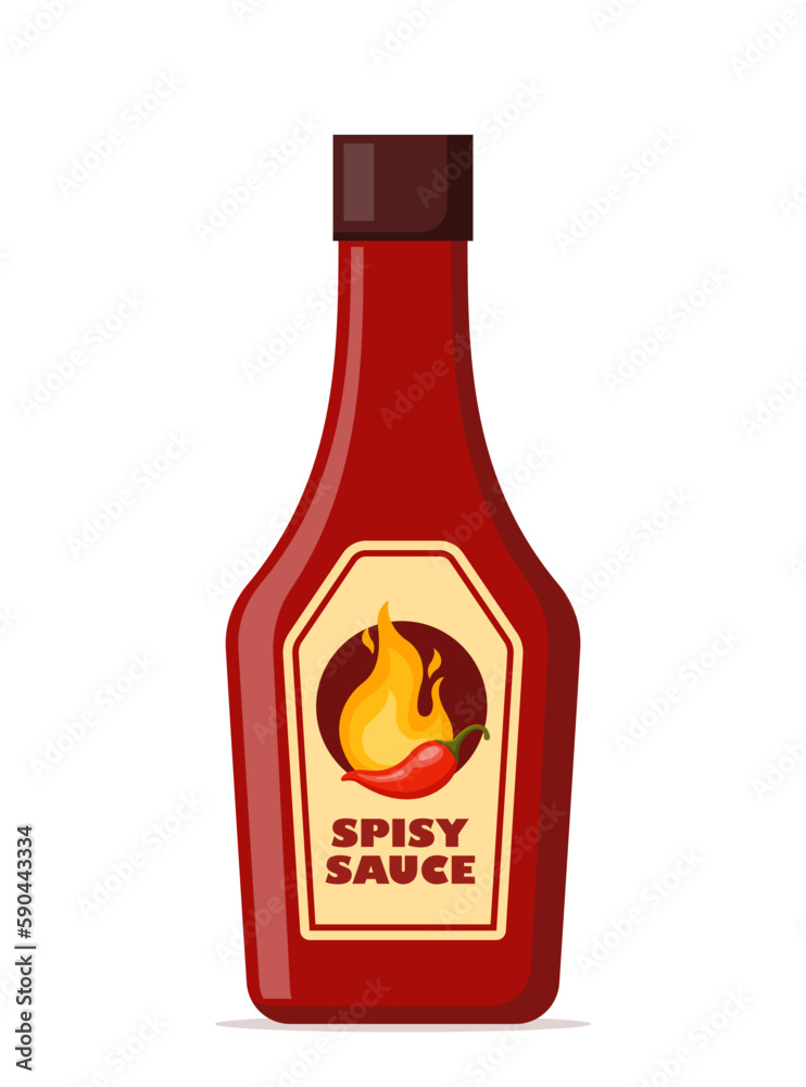 Spicy sauce in red bottle. Ketchup, hot tomato and chili sauce in bottle, red chili pepper and yellow fire on label. Vector illustration. Spicy sauce in red bottle. Ketchup, hot tomato and chili sauce in bottle, red chili pepper and yellow fire on label. Vector illustration.