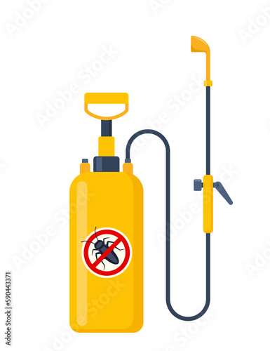 Yellow pressure sprayer of chemical insecticide, pest control and extermination service equipment. Protection from the cockroach and other insect. Aerosol for bug bite prevention. Vector Illustration.
