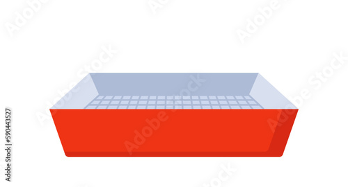 Red cat tray in flat style. Hygiene accessories for kittens, toilet isolated on white background. Vector illustration.