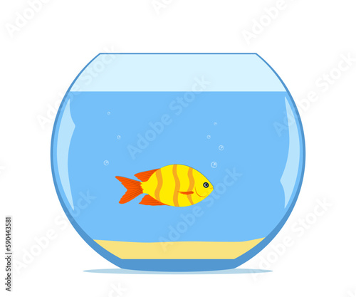 Cute little fish in aquarium. Colorful exotic fish in a fishbowl with sand on the bottom. Vector illustration.