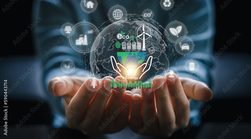 Fototapeta premium Hand holding global saving clean energy earth, save the world, environment, green, eco friendly, net zero, ESG, ecology, CO2, carbon dioxide, carbon footprint.campaign save the earth, earth Day