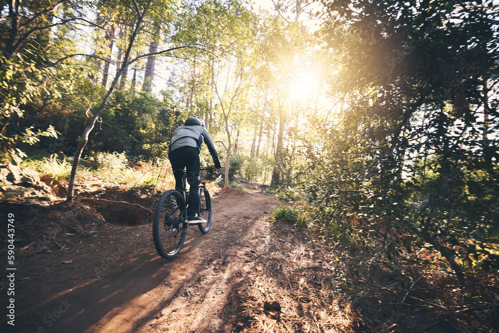 Cycling, nature and fitness with man on path for training, workout or cardio exercise. Adventure, extreme sports and speed with male cyclist on bike in forest park for performance, challenge or break