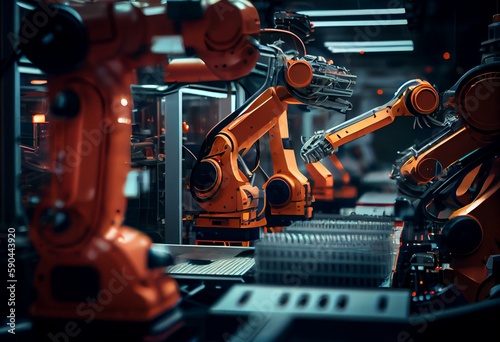 Automated Robot Arm Assembly Line Manufacturing of electric car vehicles. Car Factory Digitalization Industry Concept Automated Robot Arm Assembly Line Manufacturing Electric Vehicles.. Generative AI