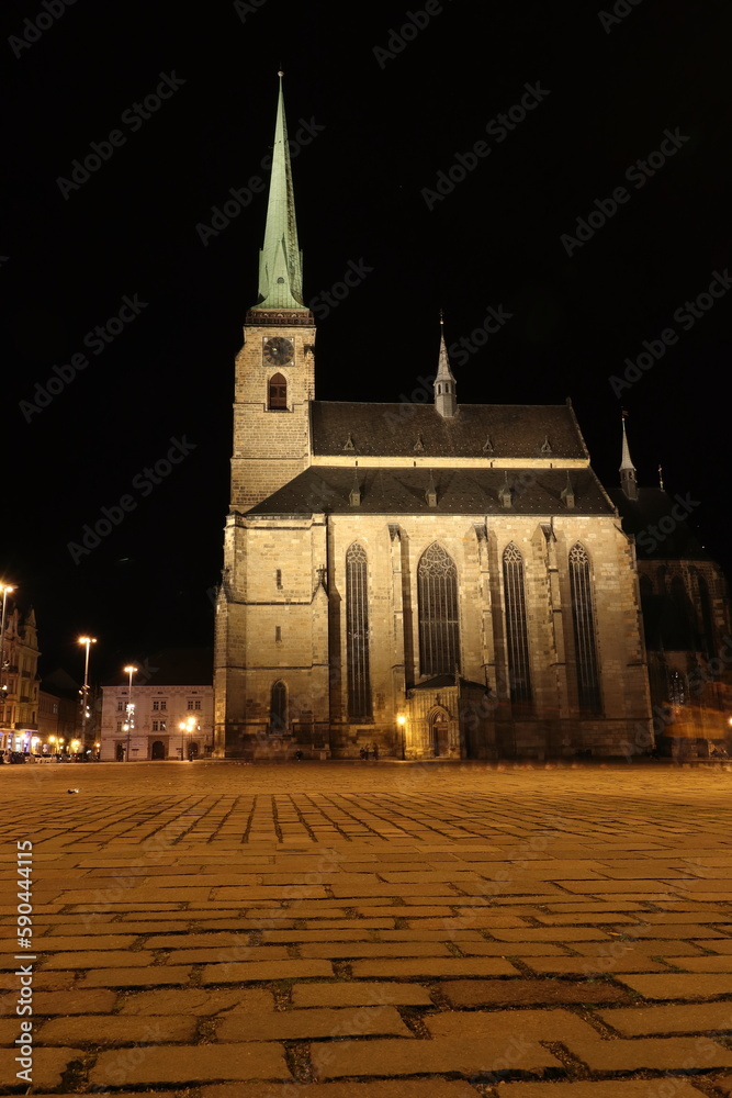St. Bartholomew's Cathedral, a Gothic three-aisled church standing on Republic Square in Pilsen. Church at night