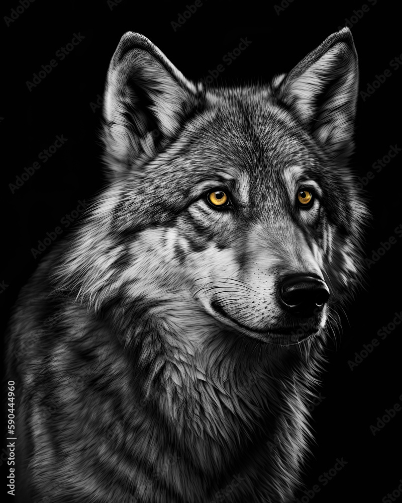Generated photorealistic portrait of a timber wolf with yellow eyes in black and white