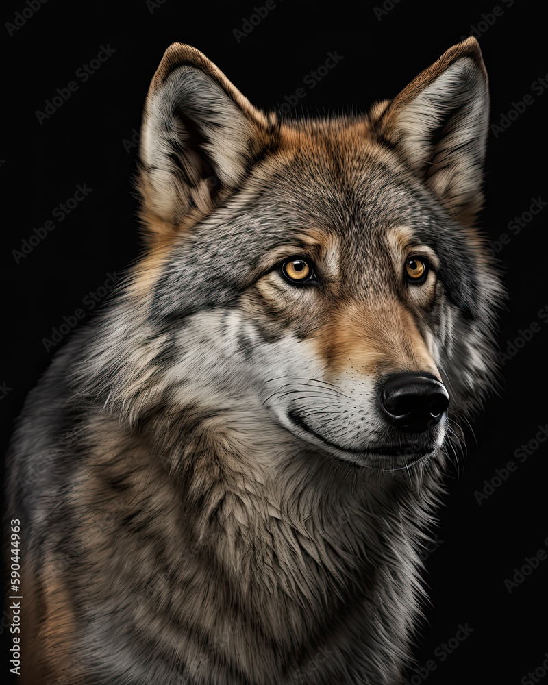 Generated photorealistic portrait of a timber wolf with yellow eyes