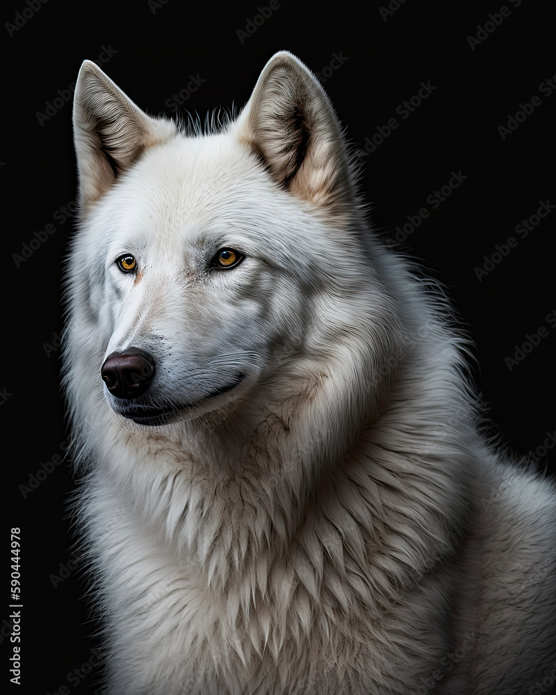 Generated photorealistic portrait of an albino wolf with yellow eyes