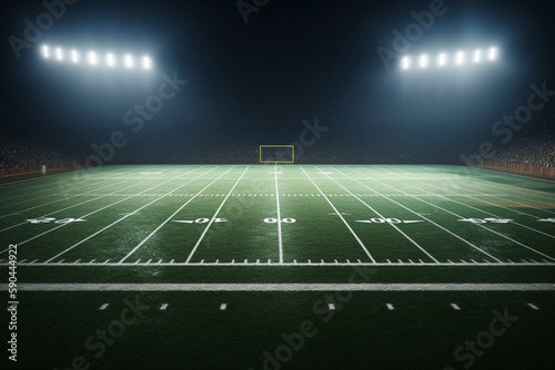Football field illuminated by stadium lights, Generative AI 