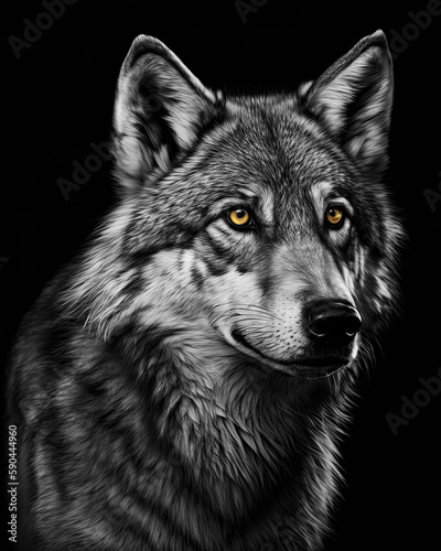 Generated photorealistic portrait of a timber wolf with yellow eyes in black and white