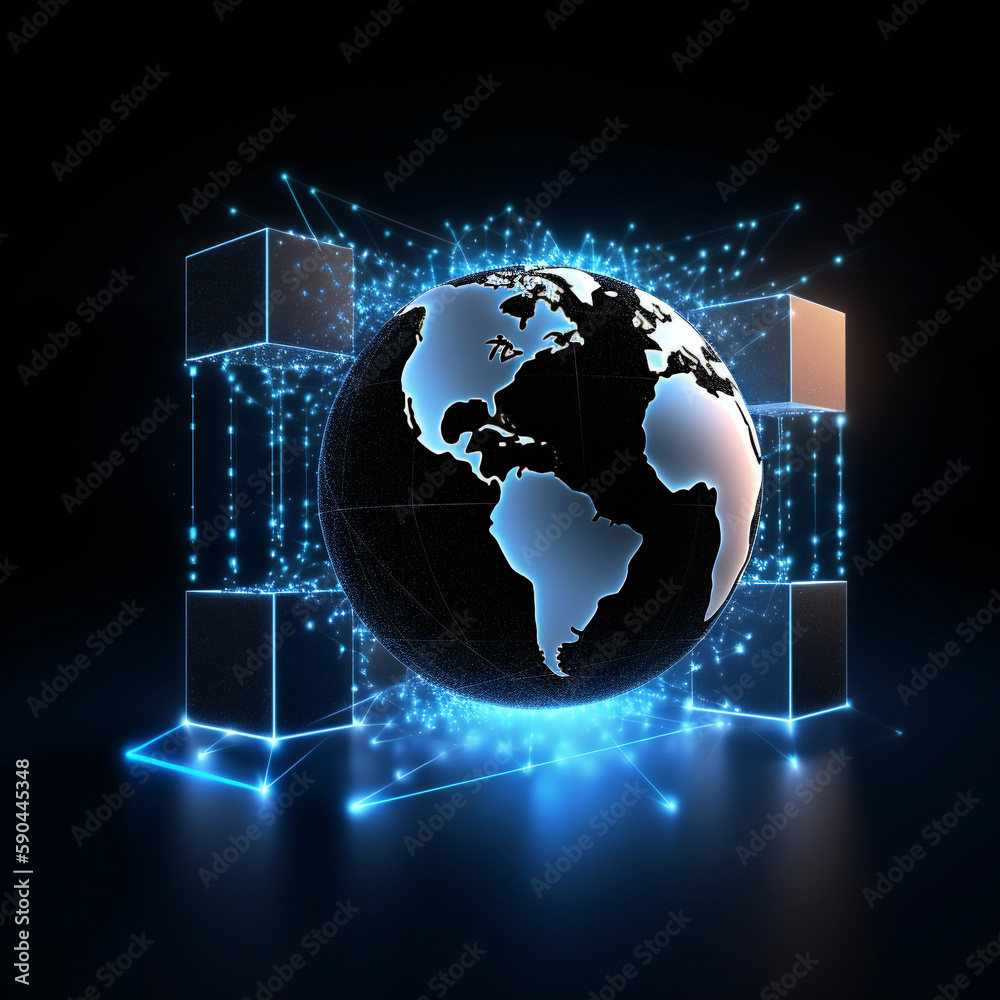 World data transfer. Cross border global communication and informational data transfer. Technology linked points across the globe, whole world map. Generative AI