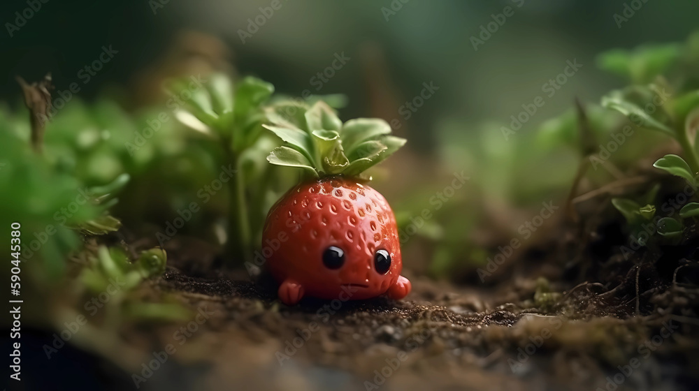 Little cute strawberry creature in forest Little cute strawberry creature in forest