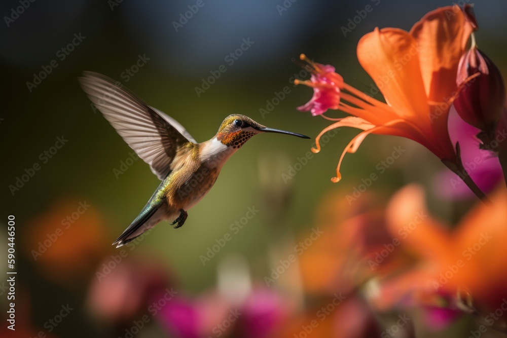 hummingbird bird flying in front of the flower, generative ai