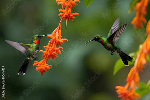 Two feeding birds in a natural habitat, Montezuma, Colombia White tailed Hillstar, Urochroa bougueri, two hummingbirds in flight by the ping flower, green and yellow background, generative AI photo