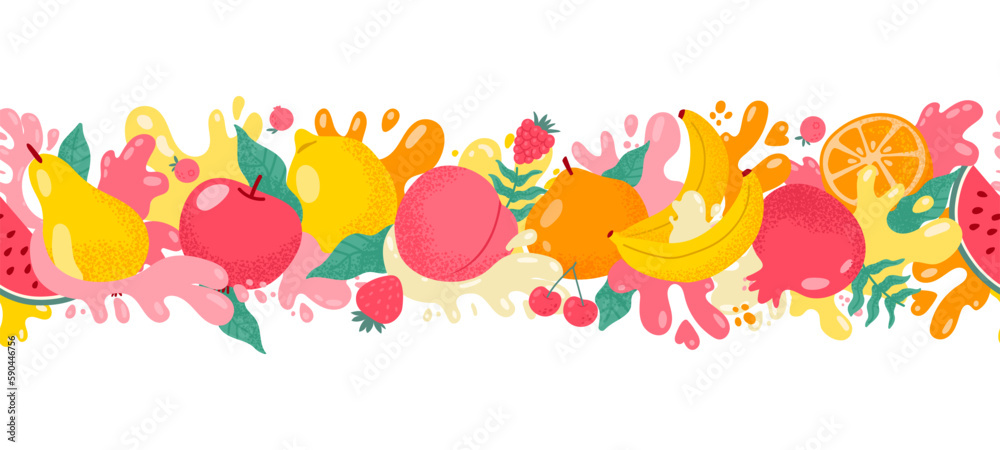 Fruit and berries juice splash border. Seamless pattern with sweet fruit and berry, fresh juicy splashes apple, banana, pear, peach. Vector illustration